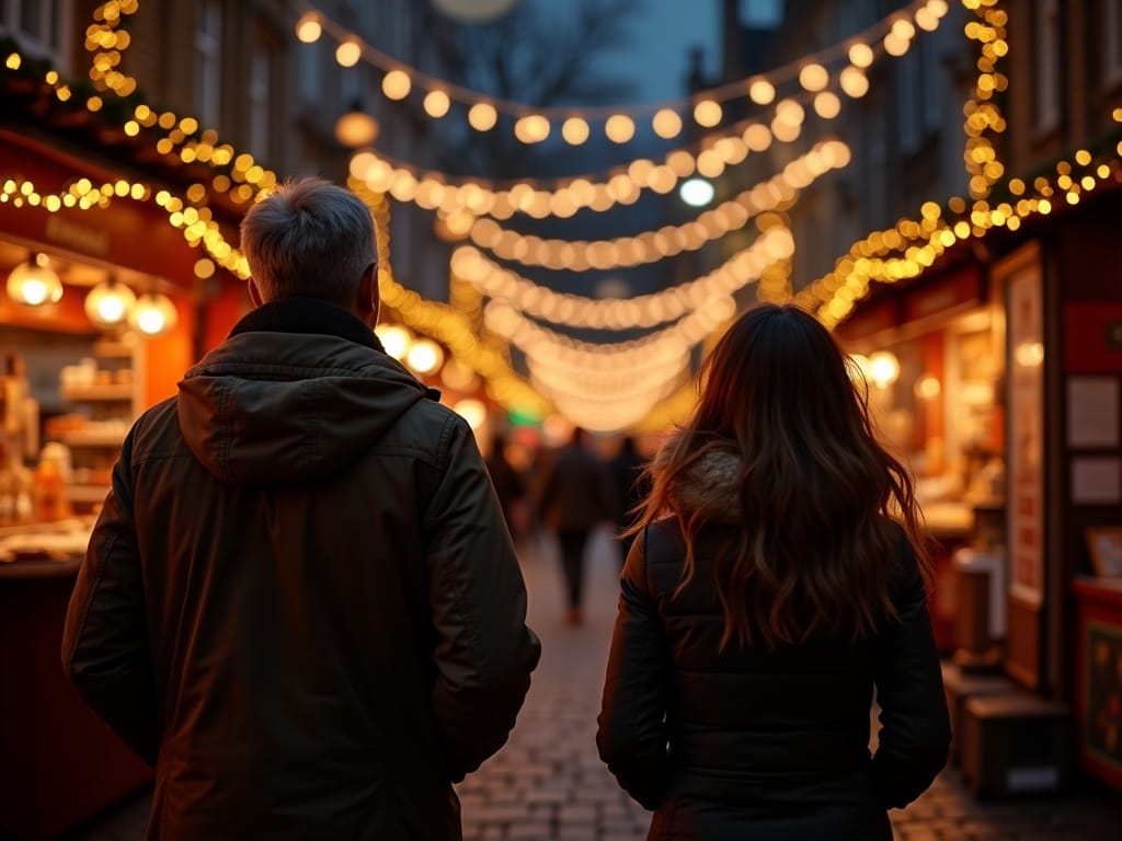 Famille souriante au marché de Noël britannique sous des lumières festives