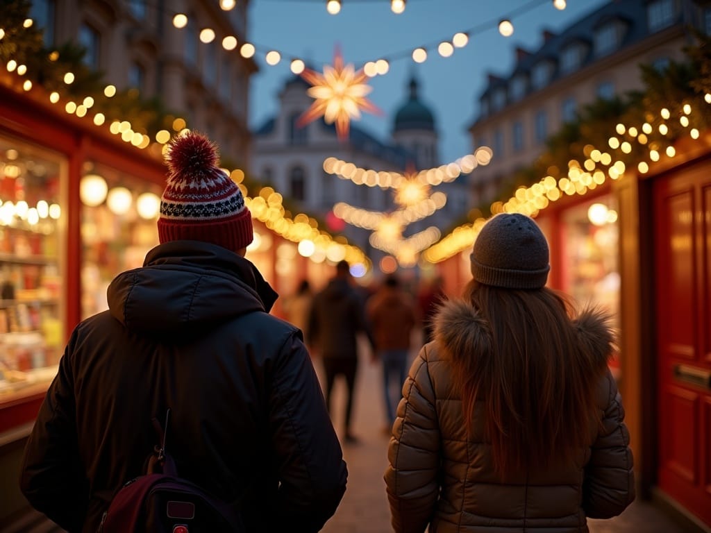Famille française visitant un marché de Noël au Royaume-Uni sous les lumières du soir