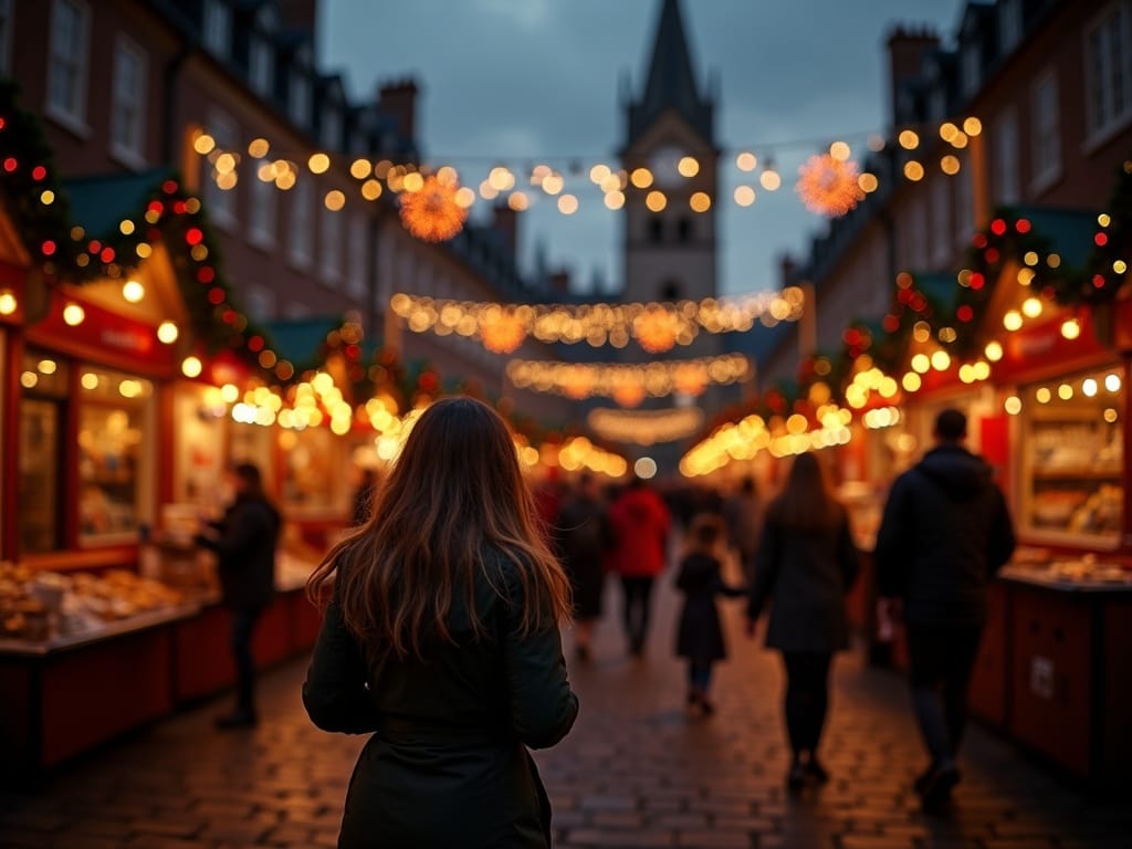 Famille française visitant un marché de Noël au Royaume-Uni en soirée festive