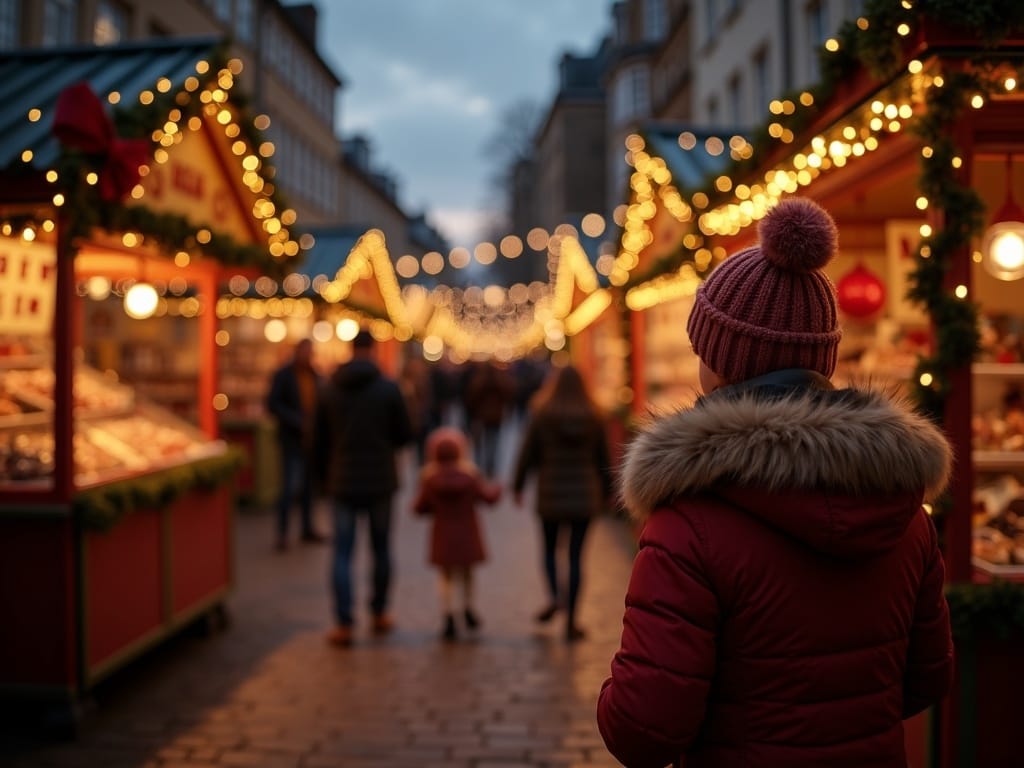 Famille française au marché de Noël du Royaume-Uni sous lumières festives