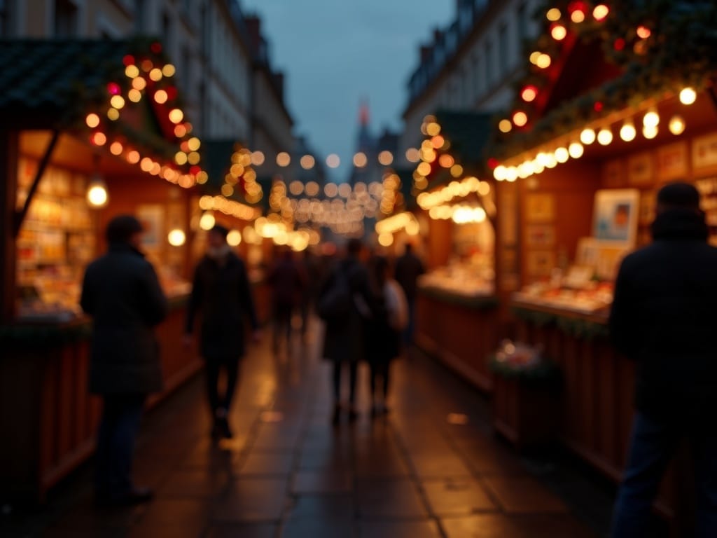 Famille française visitant un marché de Noël festif au Royaume-Uni en soirée
