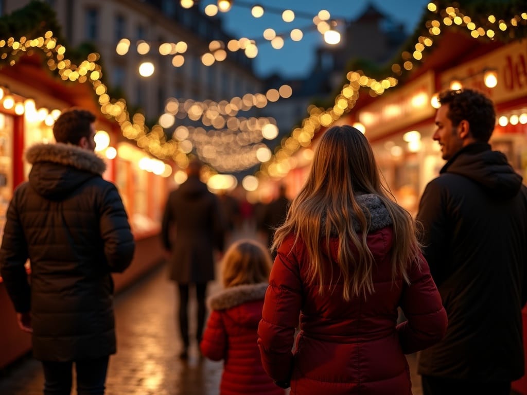 Famille française explorant un marché de Noël britannique sous des lumières festives