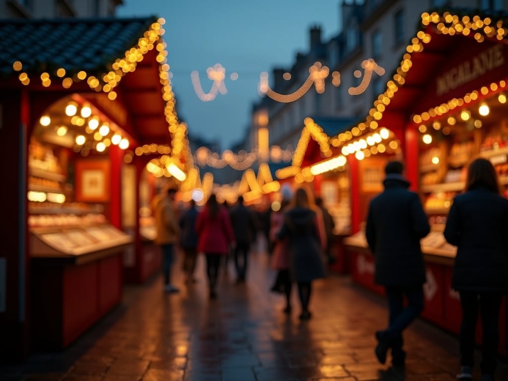 Famille explorant un marché de Noël britannique illuminé le soir