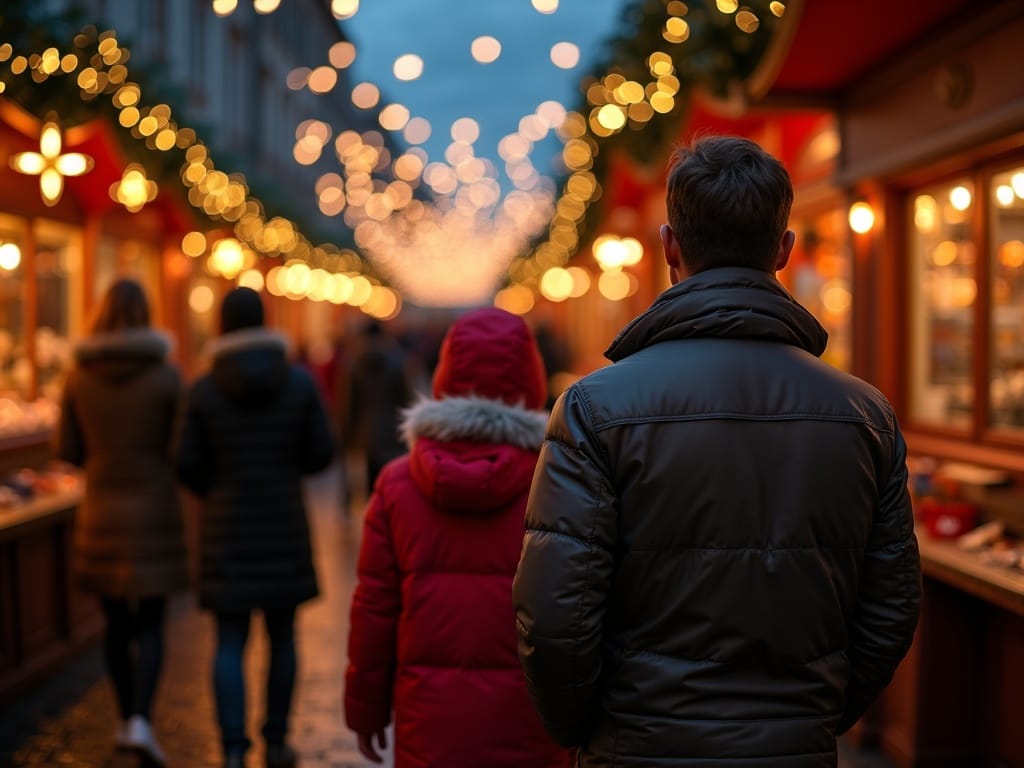 Famille française visitant un marché de Noël à Londres sous les lumières festives