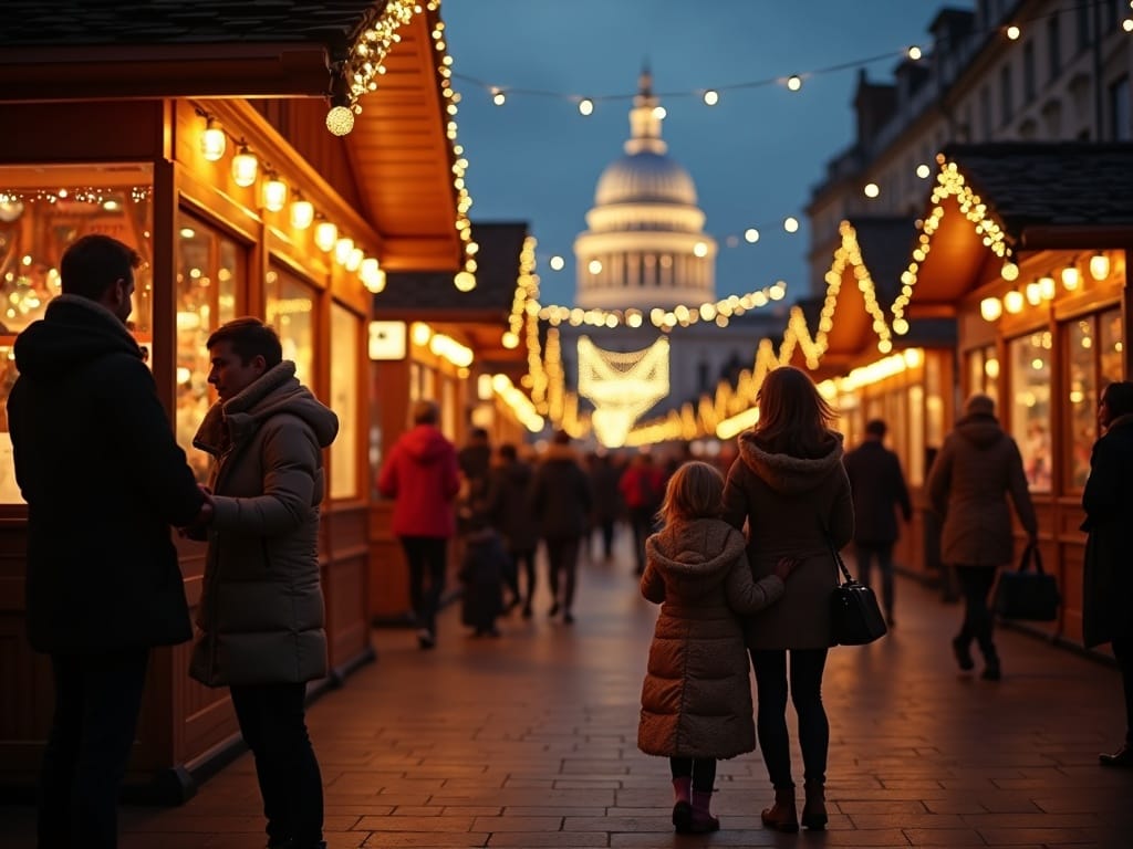 Famille française visitant un marché de Noël londonien illuminé le soir