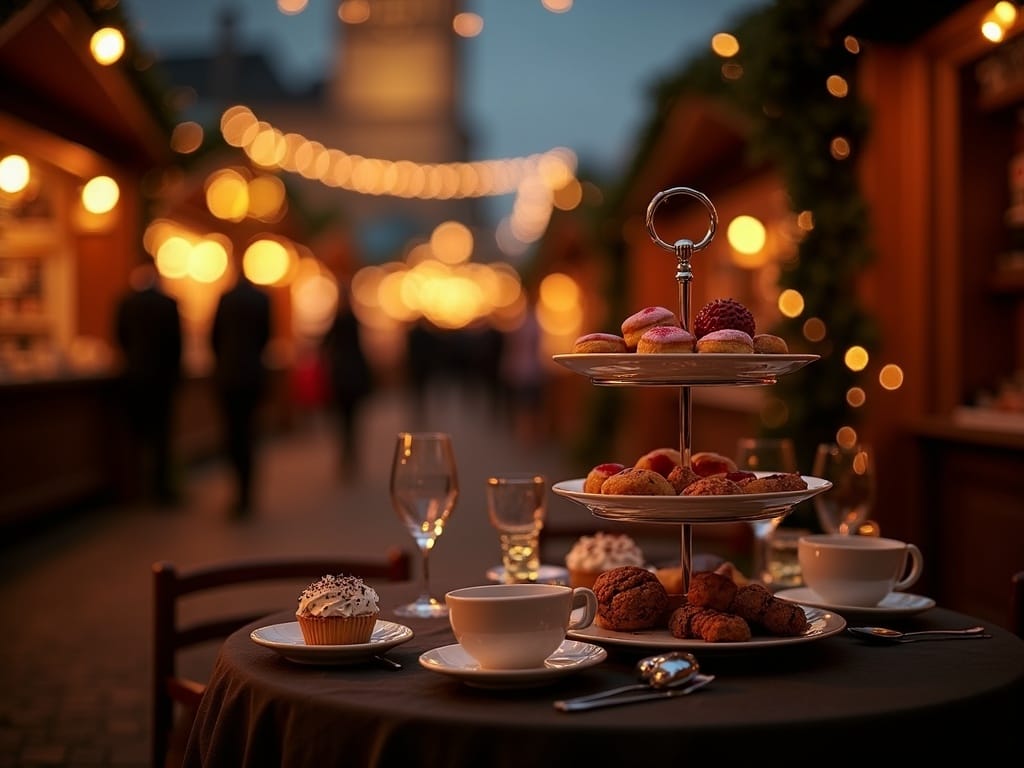 Famille française visitant un marché de Noël au Royaume-Uni éclairé le soir