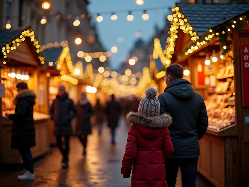 Une famille découvre un marché de Noël londonien illuminé en soirée