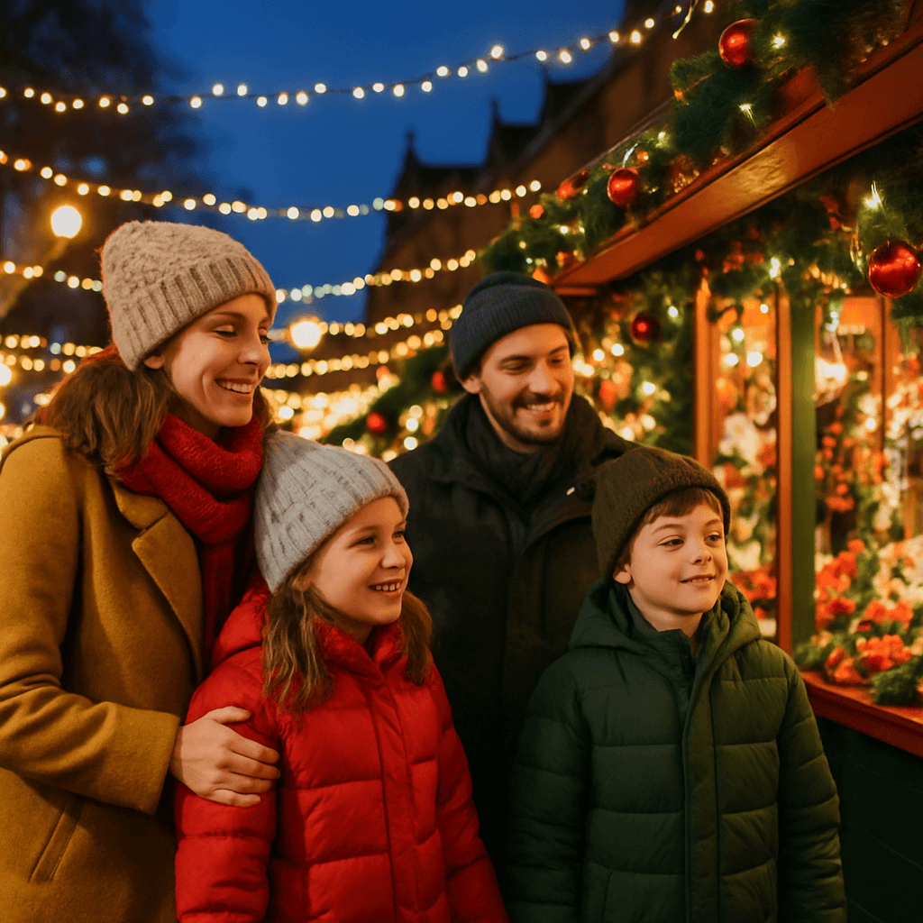 Famille visitant un marché de Noël britannique illuminé le soir