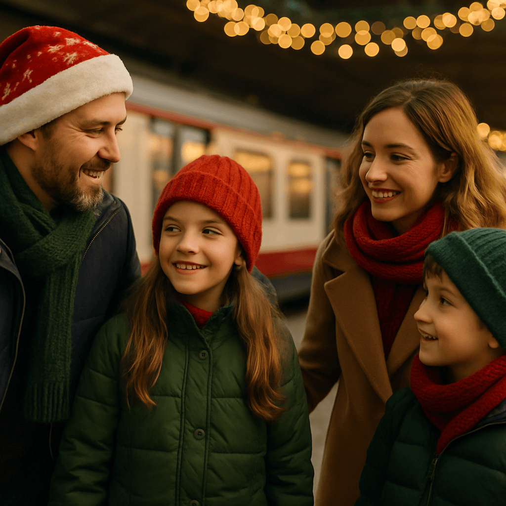 Famille française explorant un marché de Noël britannique illuminé en soirée