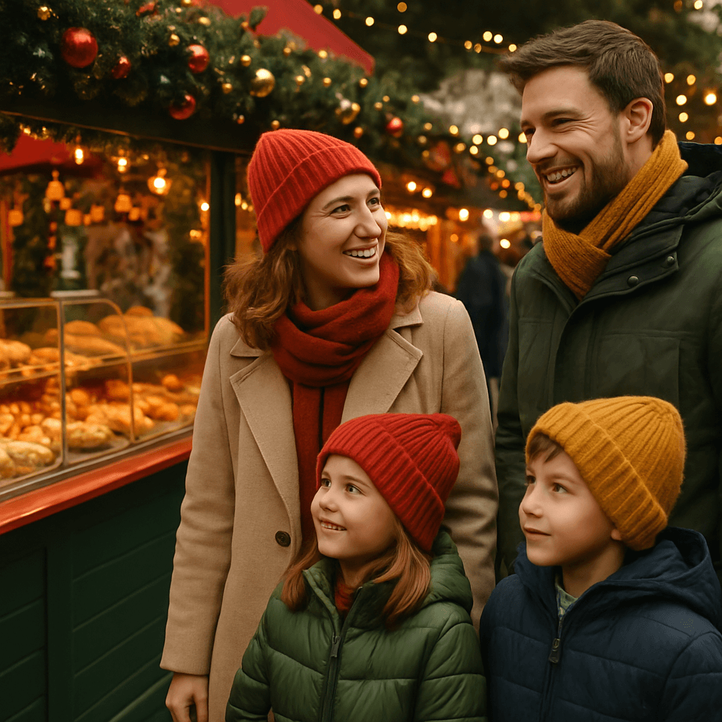 Famille française explorant un marché de Noël britannique illuminé le soir