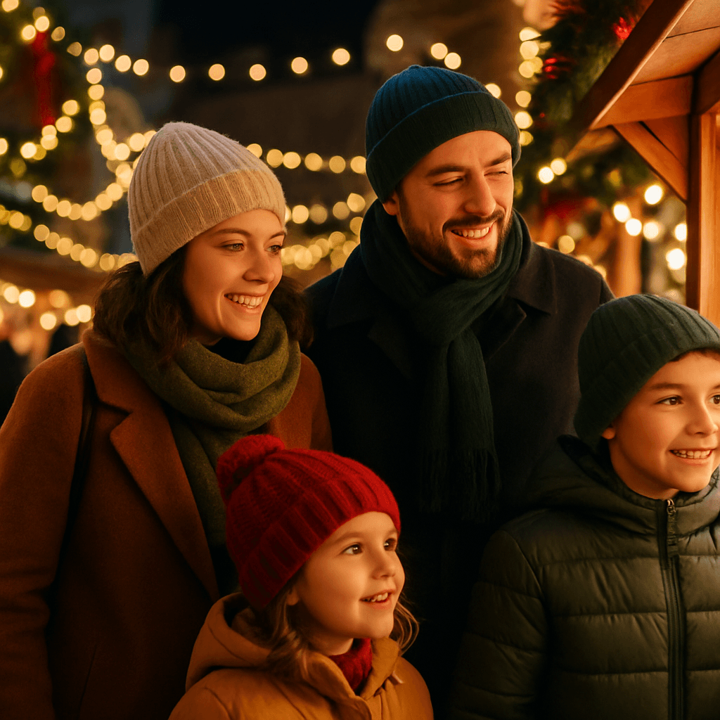 Famille française visitant un marché de Noël au Royaume-Uni le soir