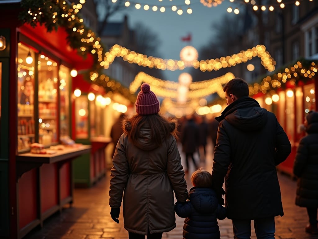 Famille française explorant un marché de Noël festif au Royaume-Uni le soir