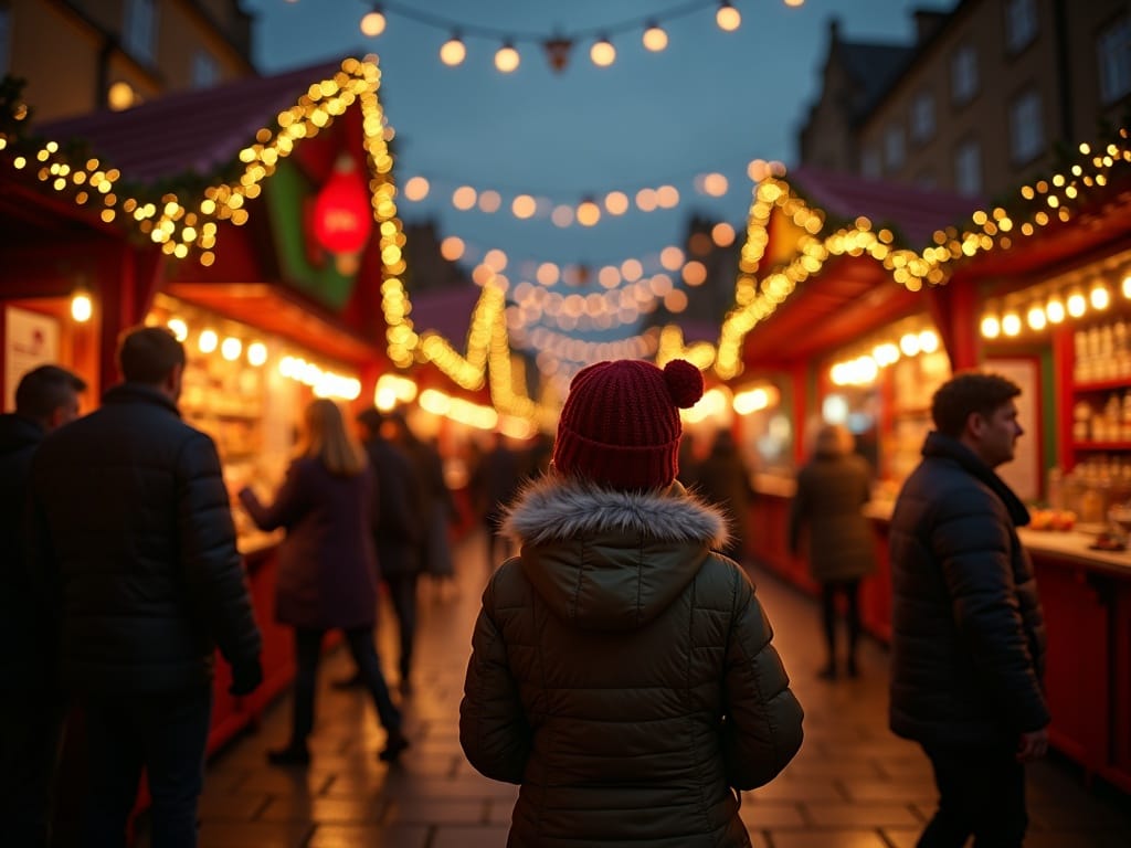 Famille française explorant un marché de Noël britannique illuminé