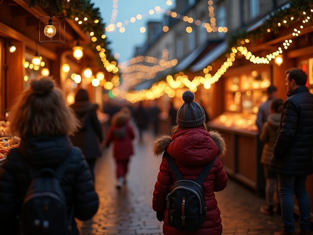 Famille française au marché de Noël au Royaume-Uni sous les lumières festives en soirée