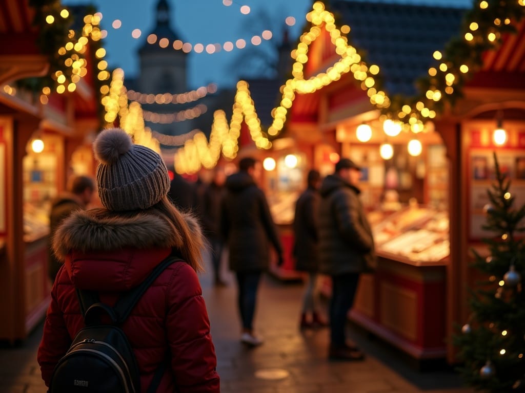 Famille française visitant un marché de Noël britannique illuminé en soirée