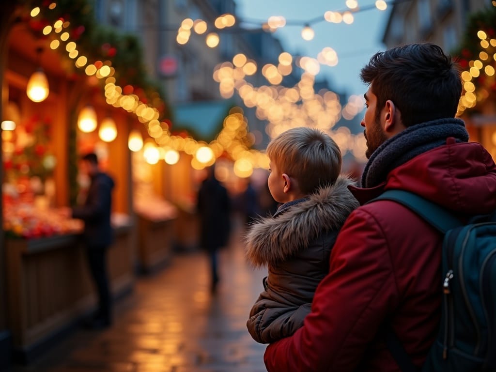Famille française découvrant un marché de Noël britannique illuminé le soir