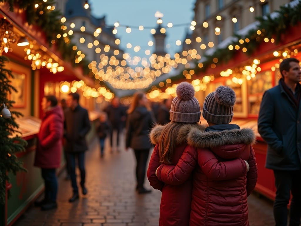 Famille française explorant un marché de Noël au Royaume-Uni illuminé le soir