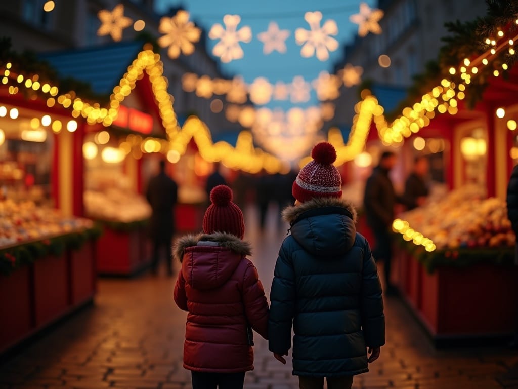 Famille française explorant un marché de Noël britannique illuminé le soir