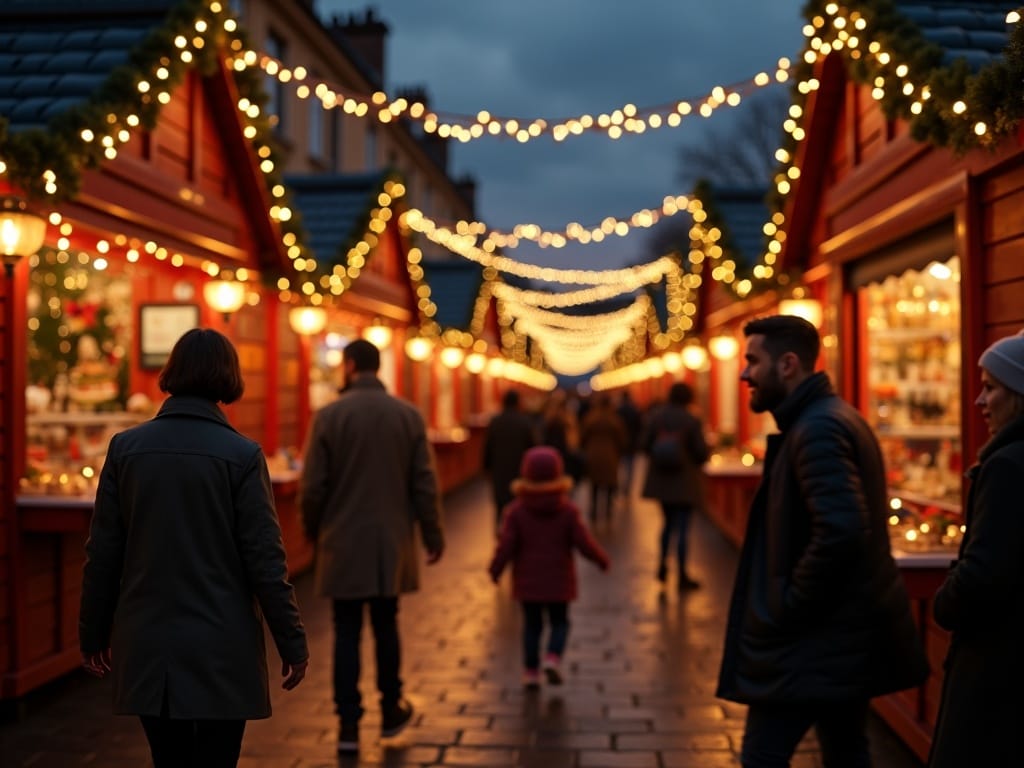 Famille française profite d’un marché de Noël britannique animé sous des lumières festives en soirée