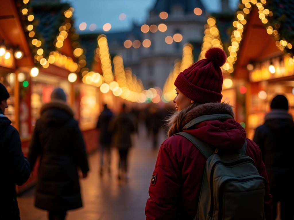 Famille française explorant un marché de Noël extérieur au Royaume-Uni, décorations lumineuses en soirée