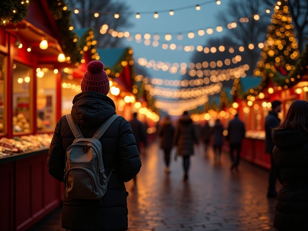 Famille explorant un marché de Noël britannique illuminé avec des lumières rouges, vertes et dorées, en soirée