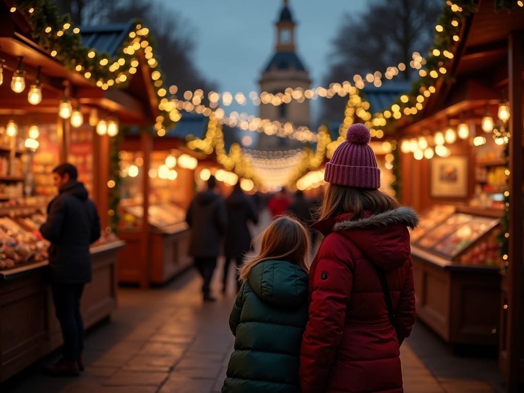 Une famille explore un marché de Noël britannique illuminé en soirée