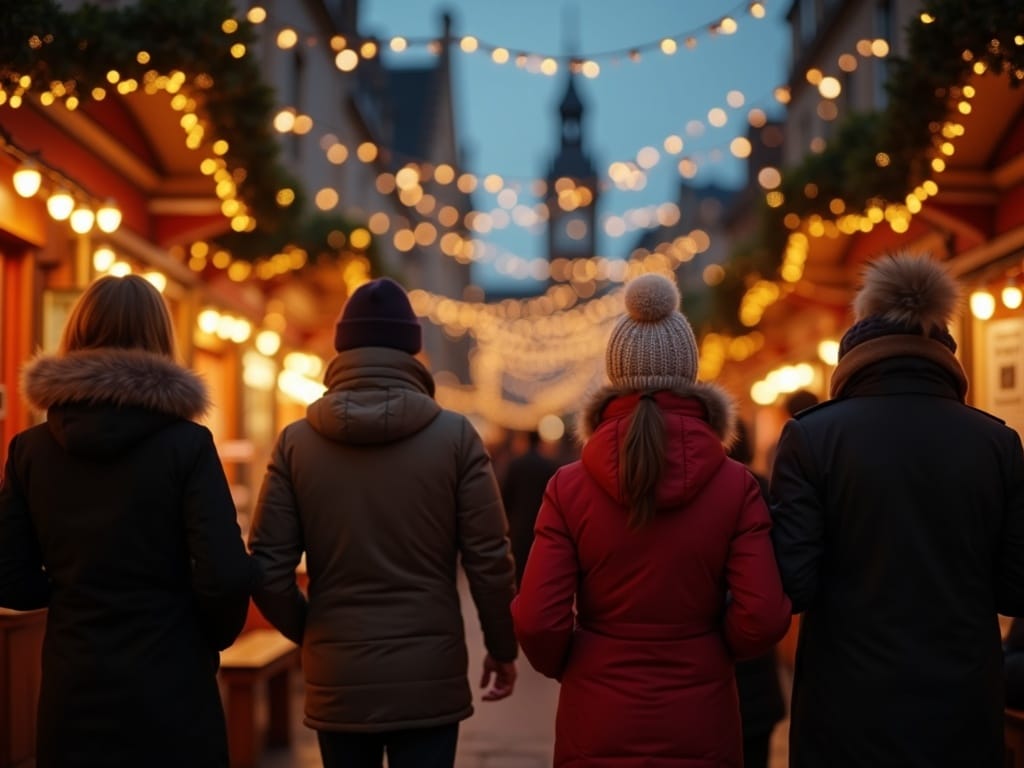 Famille française visitant un marché de Noël au Royaume-Uni avec des lumières festives en soirée