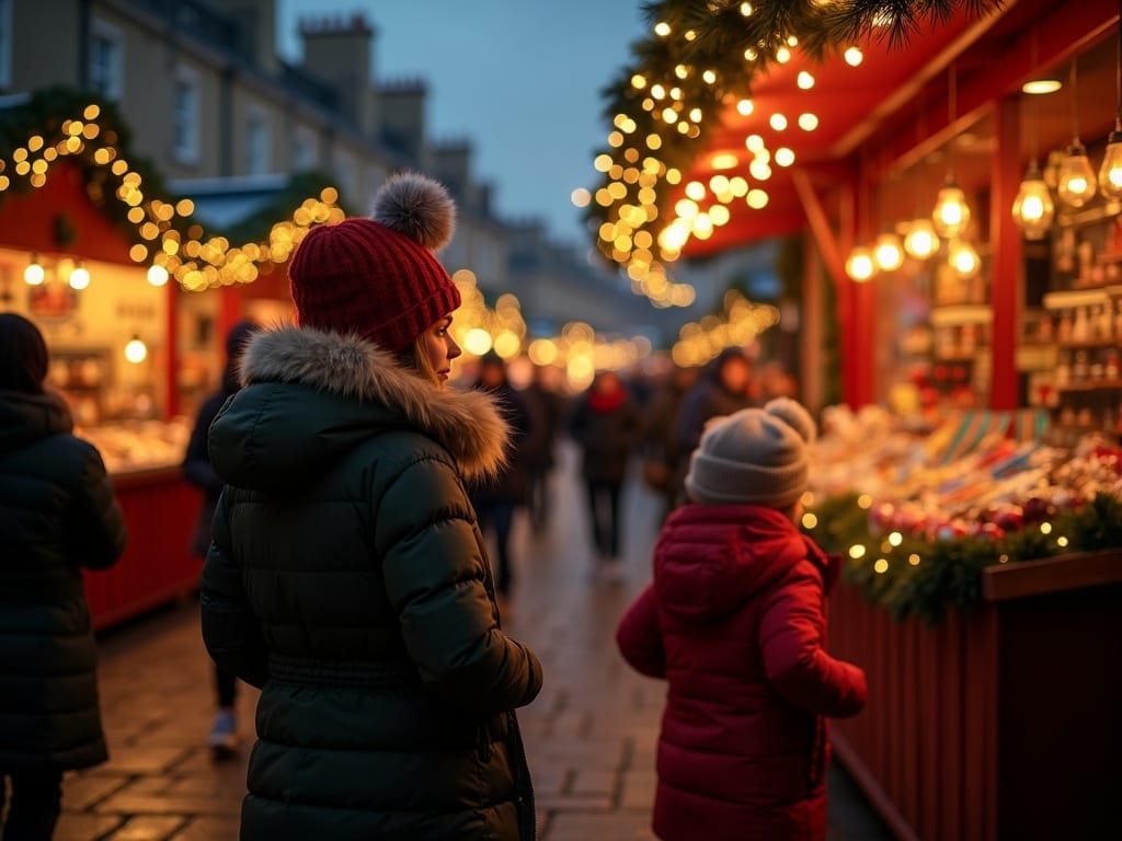 Famille française visitant un marché de Noël au Royaume-Uni sous des lumières du soir