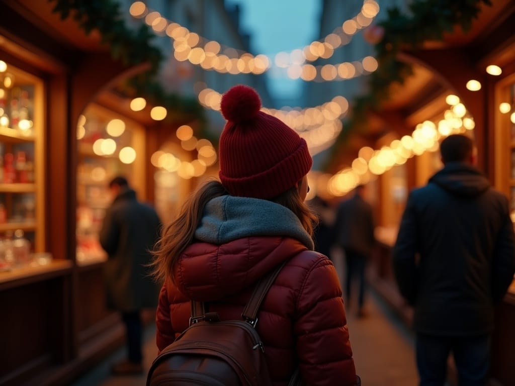 Famille française explorant un marché de Noël anglais illuminé le soir