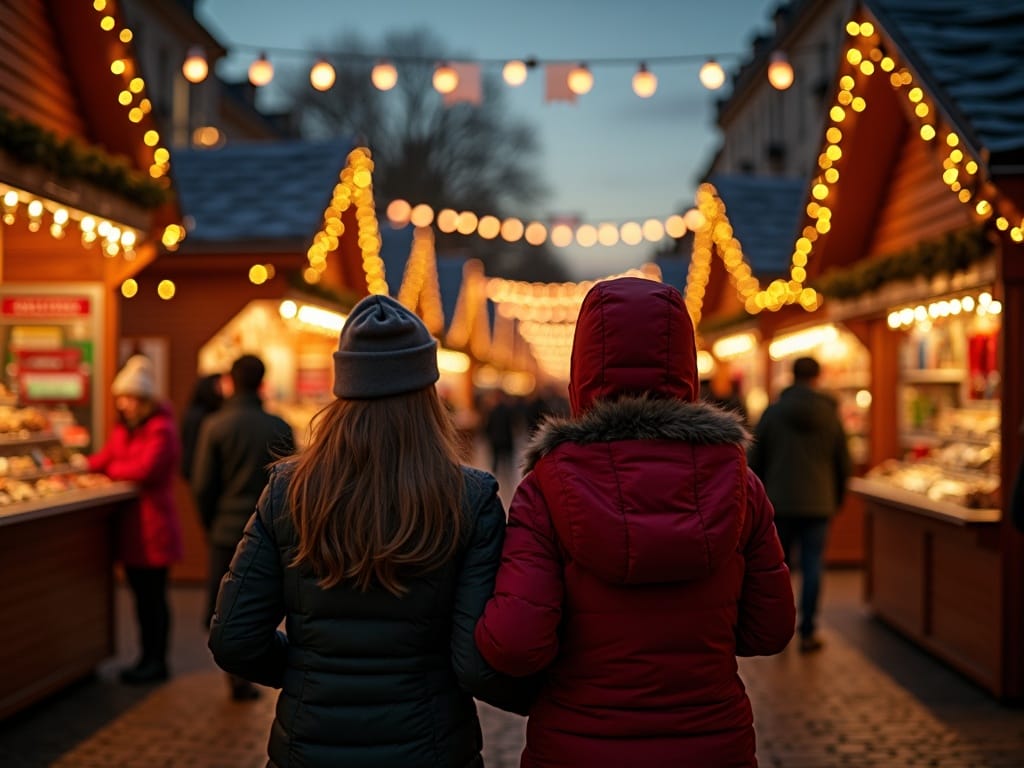 Famille explorant un marché de Noël à Londres sous des lumières festives du soir