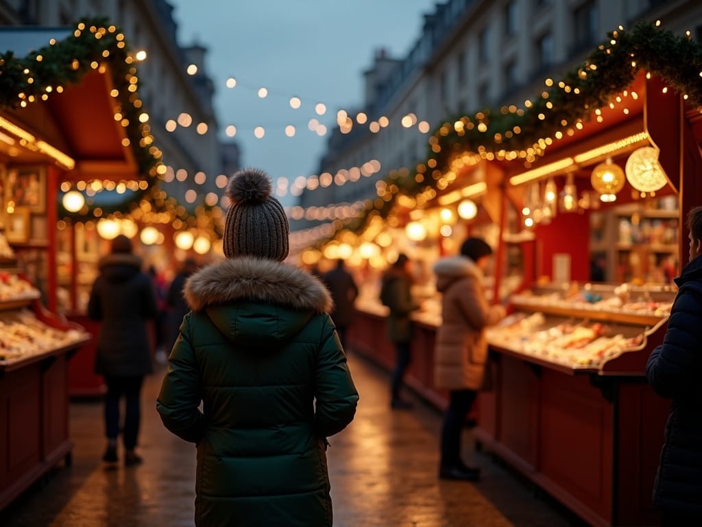 Famille visitant un marché de Noël britannique illuminé le soir