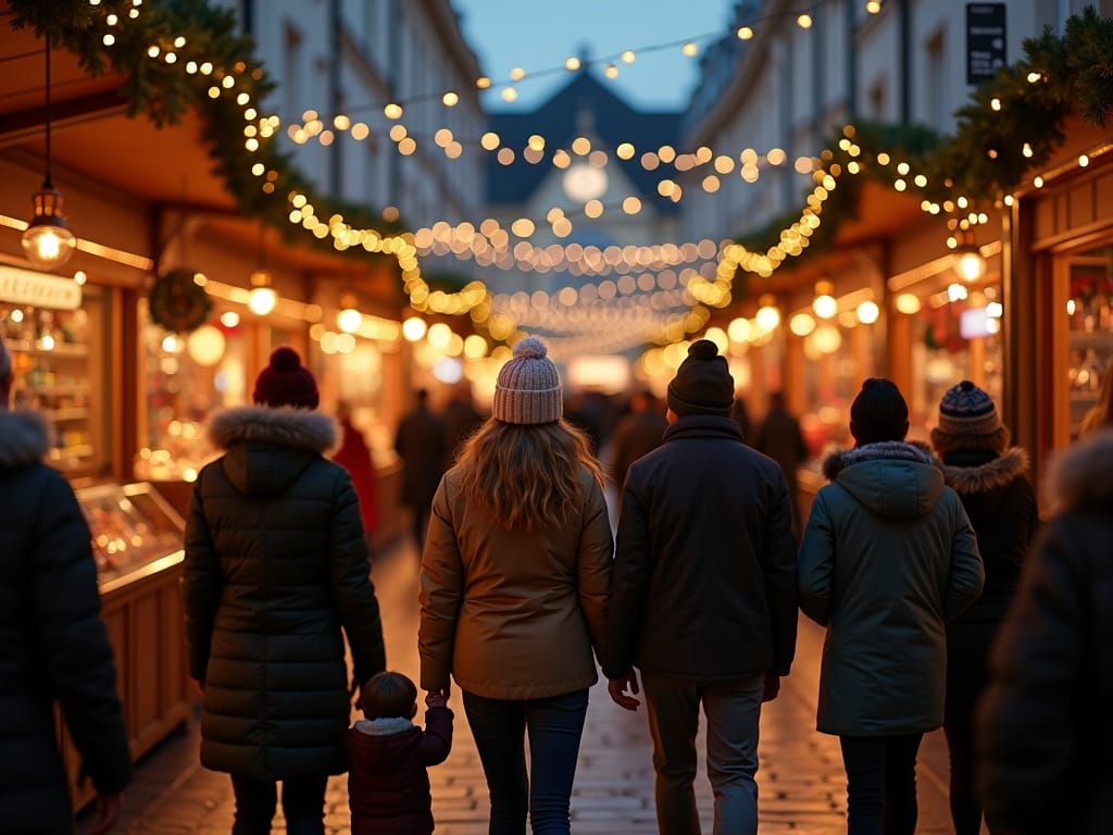 Famille visitant un marché de Noël au Royaume-Uni sous les lumières du soir