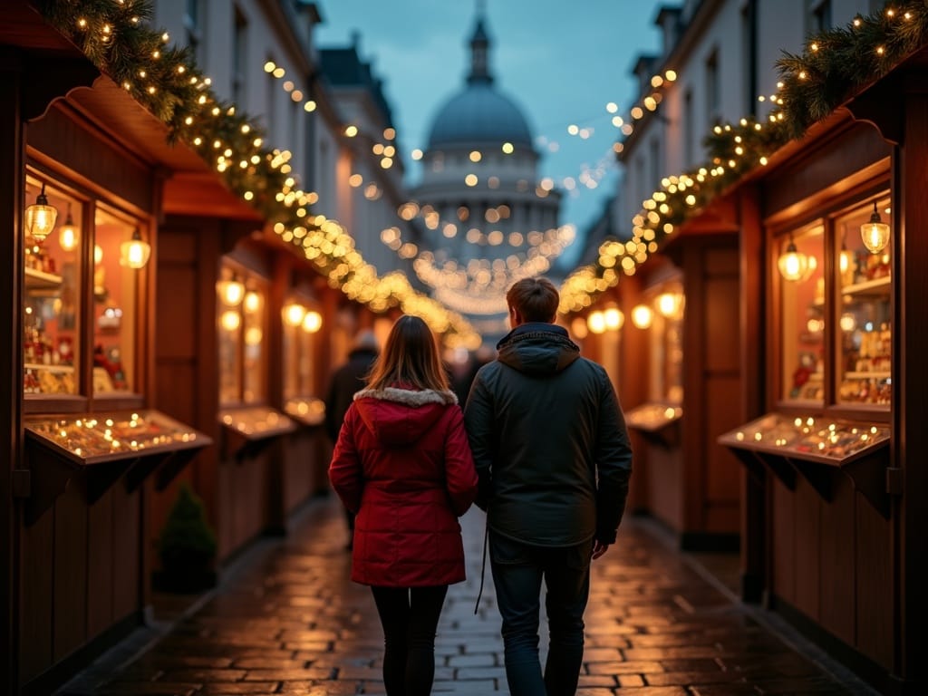 Famille française visitant un marché de Noël à Londres sous les lumières festives