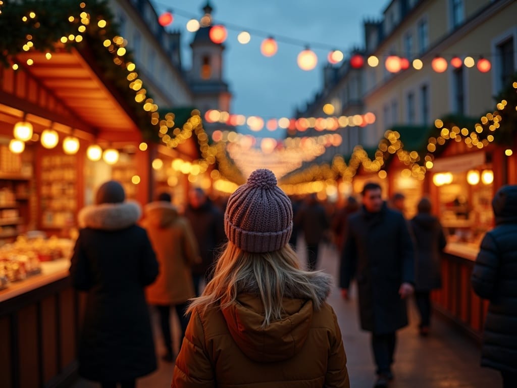 Famille visitant un marché de Noël britannique illuminé en soirée