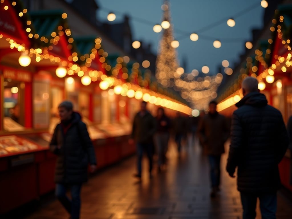 Famille explorant un marché de Noël britannique illuminé en soirée