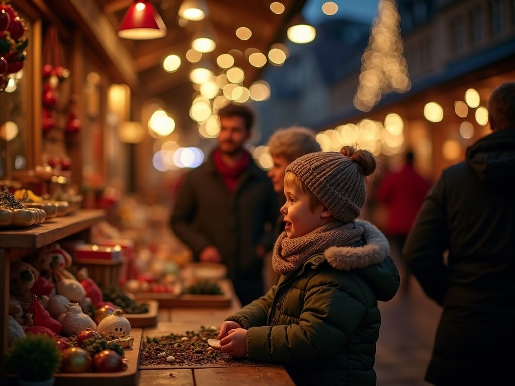 Famille française visitant un marché de Noël britannique illuminé et coloré en soirée