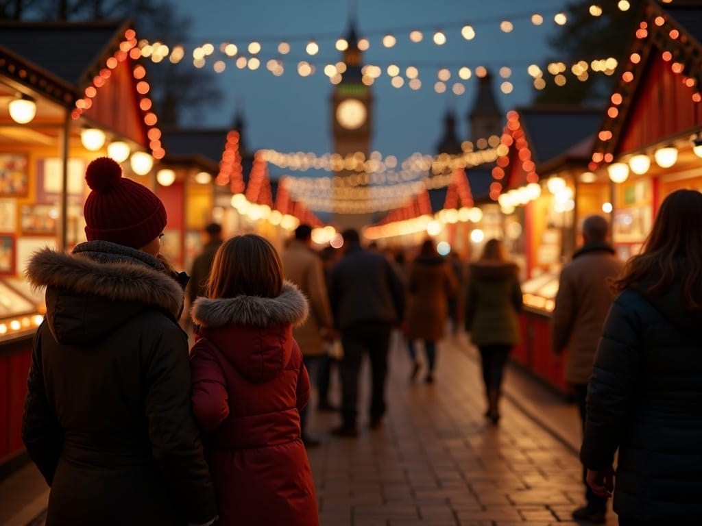 Famille française visitant un marché de Noël londonien illuminé le soir