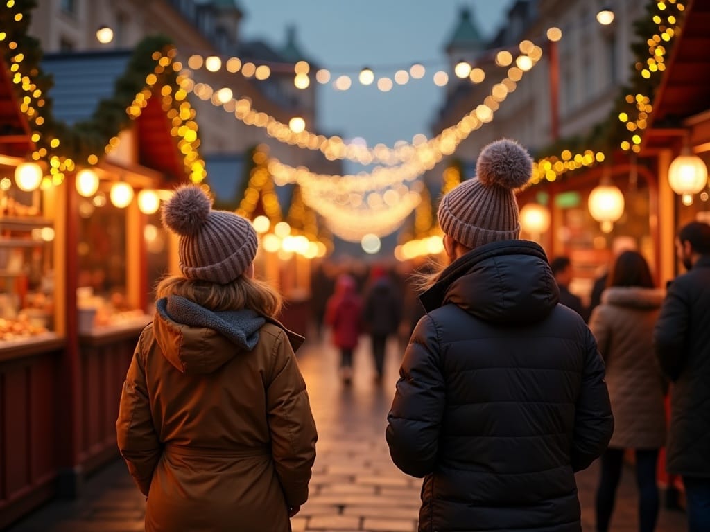 Famille française visitant un marché de Noël à Londres sous des lumières festives