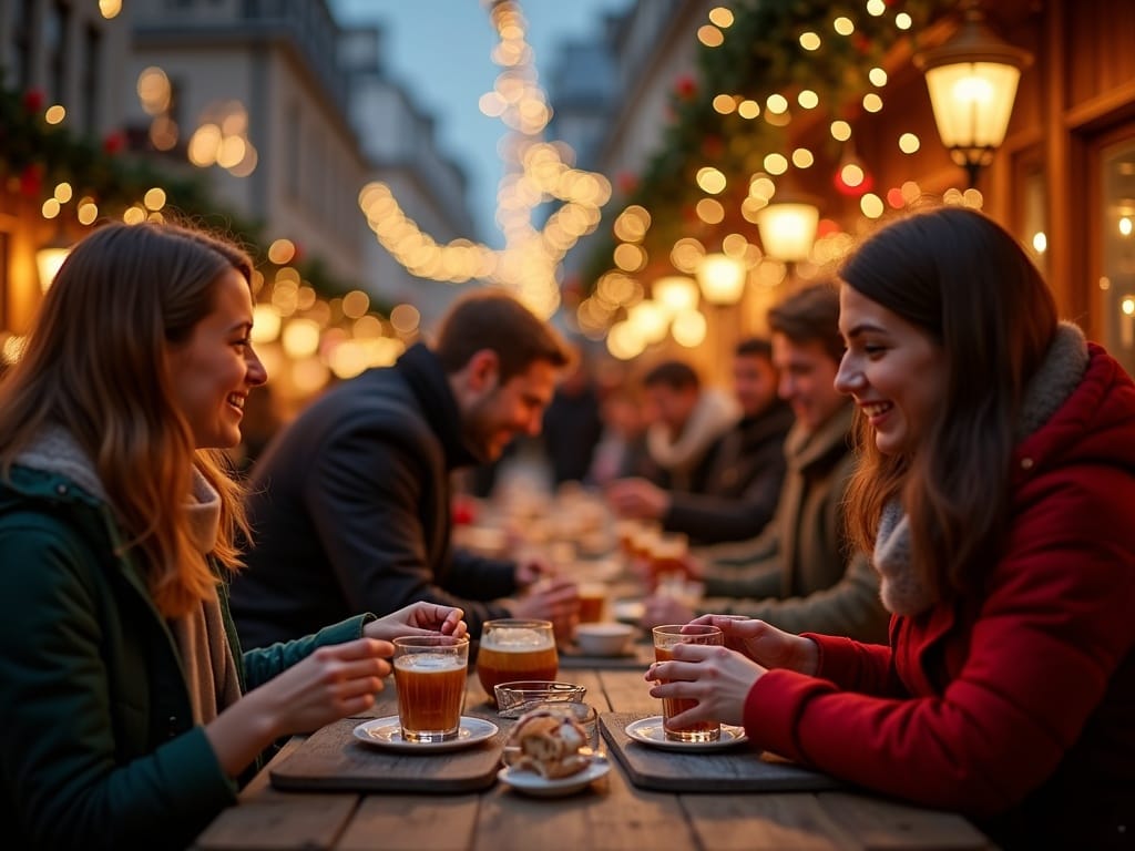 Famille française au marché de Noël britannique sous lumières festives