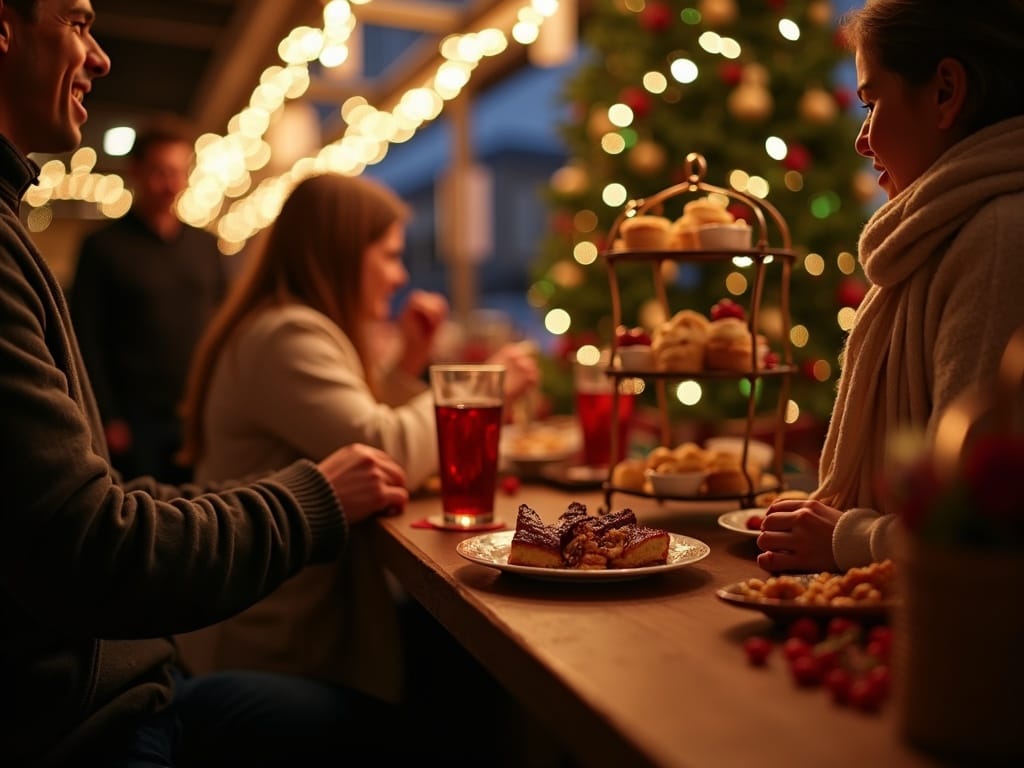 Famille française visitant un marché de Noël typique au Royaume-Uni en soirée