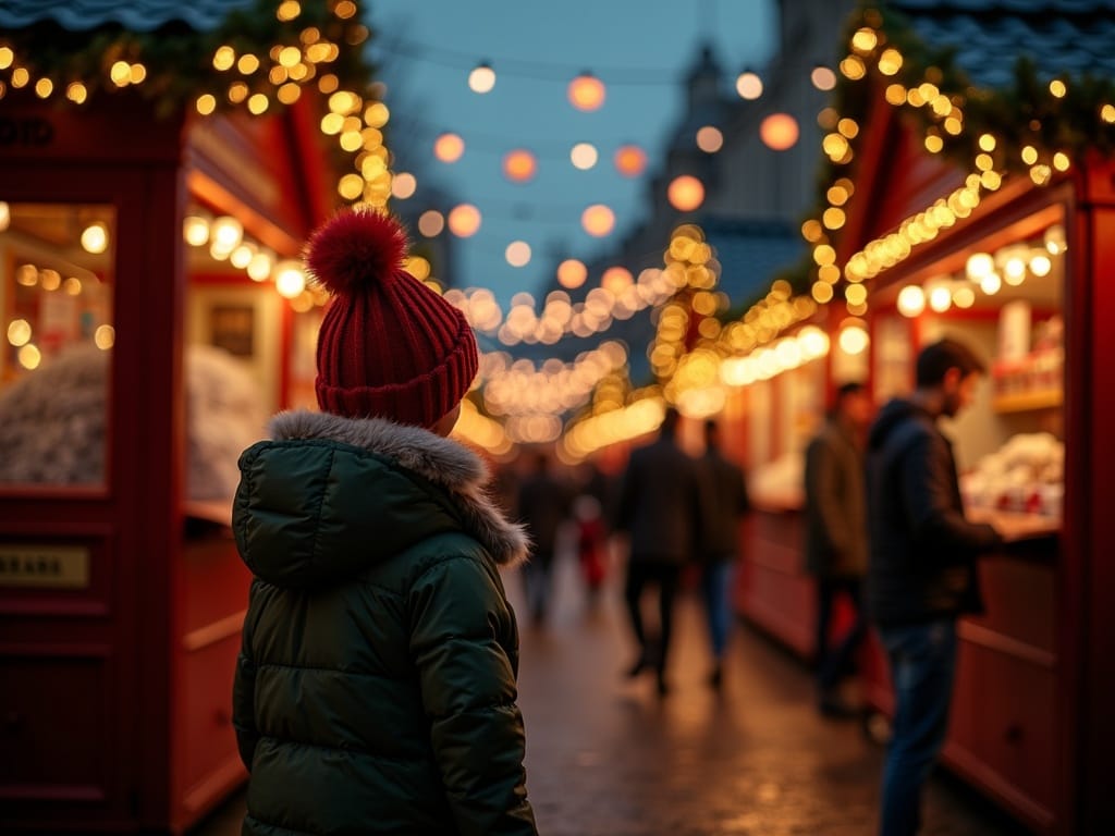 Famille française explorant un marché de Noël à Londres éclairé en soirée
