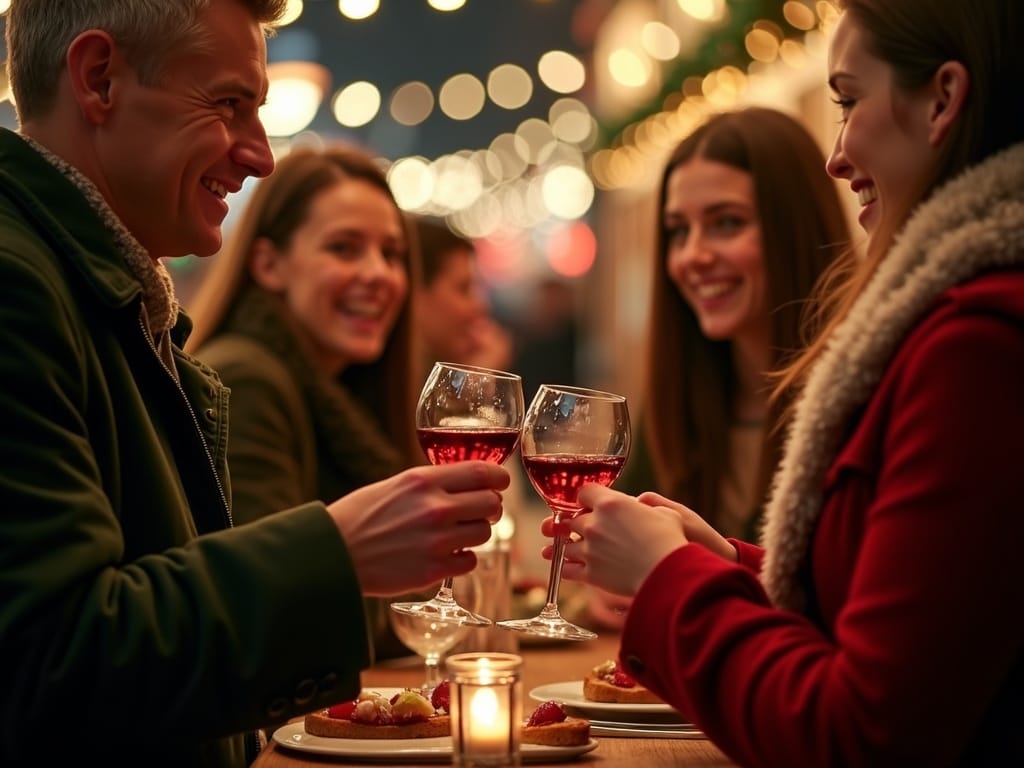 Famille visitant un marché de Noël au Royaume-Uni sous des lumières festives