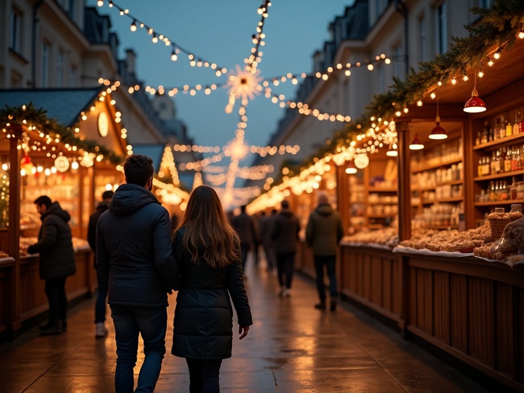Famille visitant un marché de Noël londonien sous des lumières festives