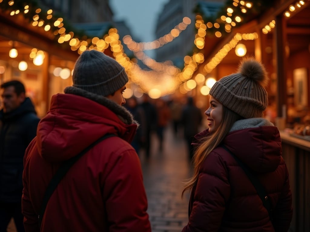 Famille française explorant un marché de Noël britannique illuminé