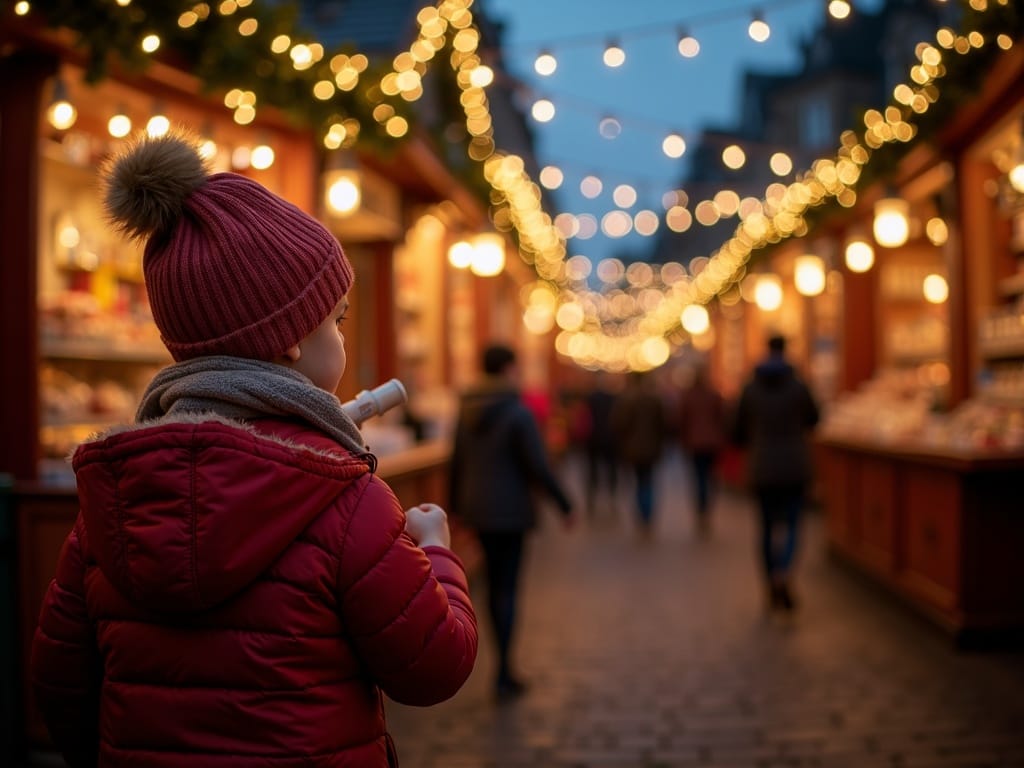 Famille française explorant un marché de Noël au Royaume-Uni sous des lumières festives