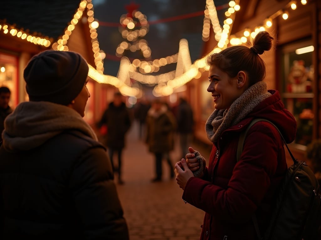 Famille française explorant un marché de Noël au Royaume-Uni le soir, lumières festives et décorations colorées