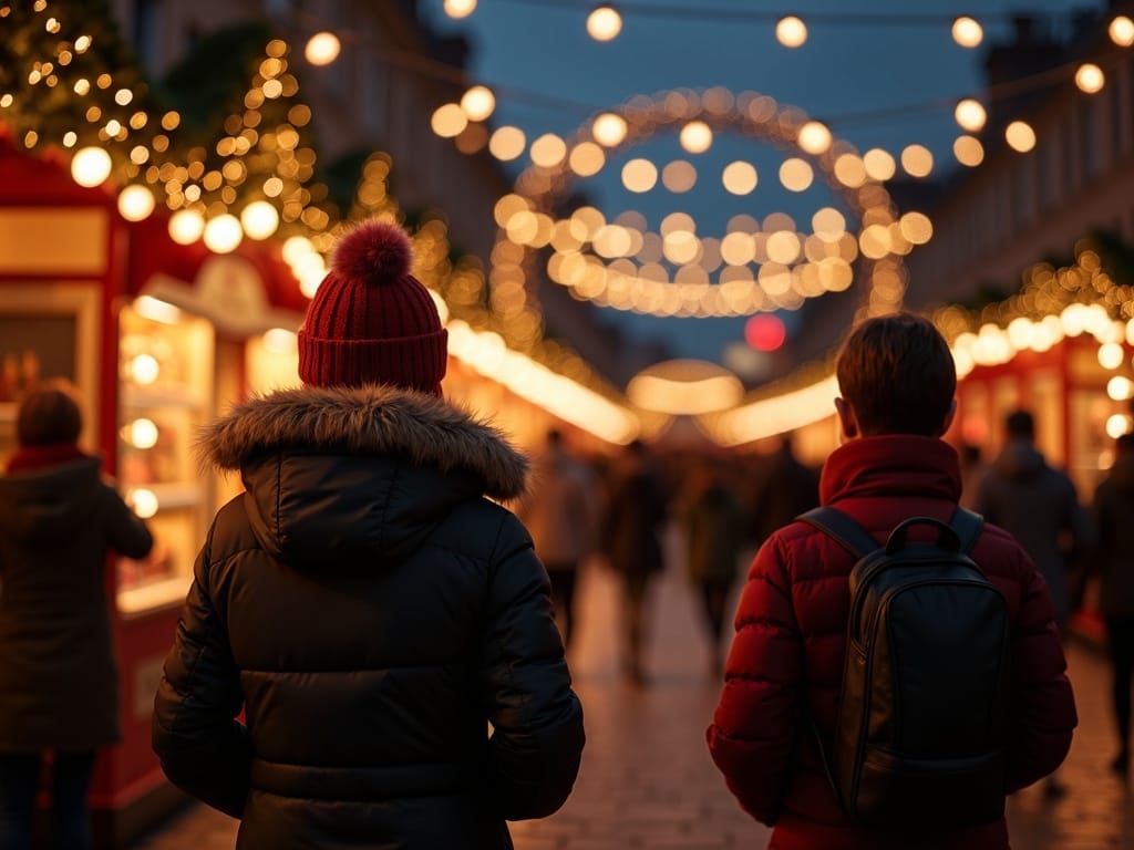 Famille visitant un marché de Noël au Royaume-Uni sous des lumières festives en soirée