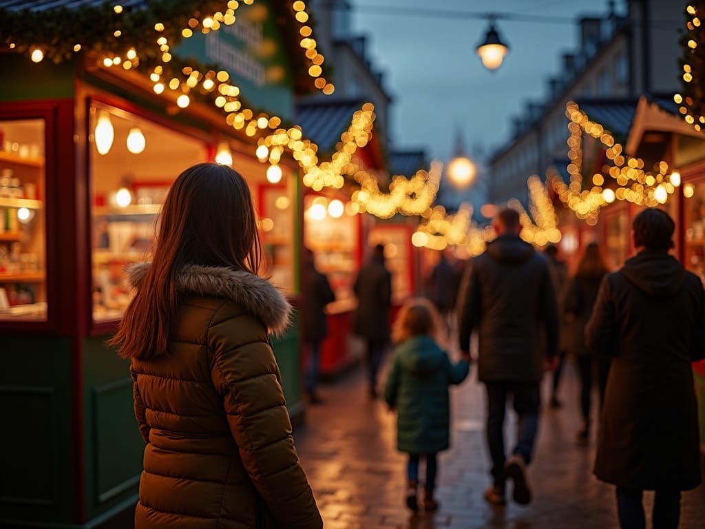 Famille explorant un marché de Noël à Londres sous les lumières festives