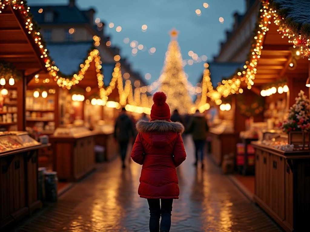 Famille française explorant un marché de Noël britannique illuminé
