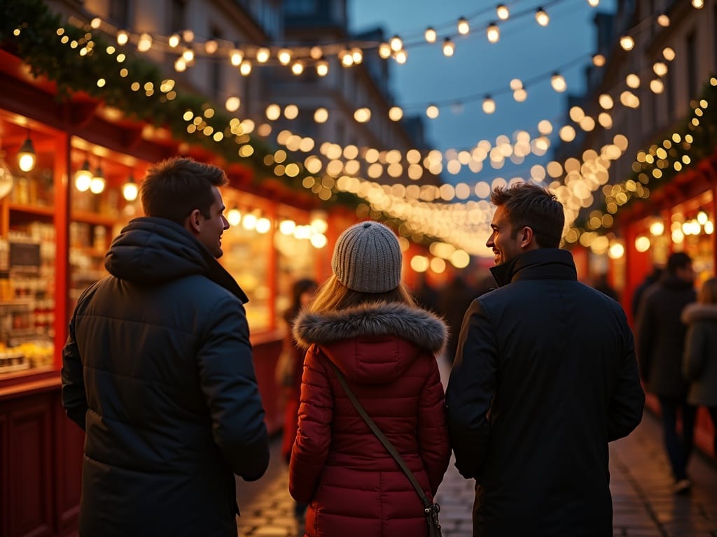 Famille française explorant un marché de Noël britannique illuminé en soirée